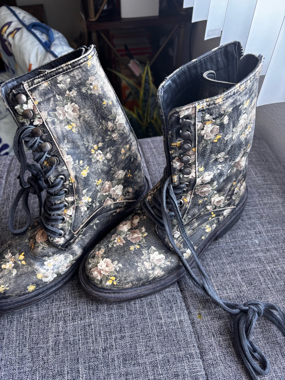 Free People Floral Combat Lace-Up Boots for Women - Black Floral